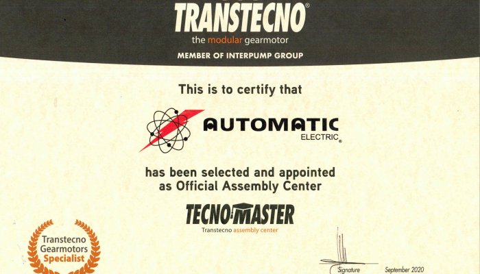 A AUTOMATIC é certificada como CENTRO de MONTAGEM OFICIAL TECNOMASTER da TRANSTECNO